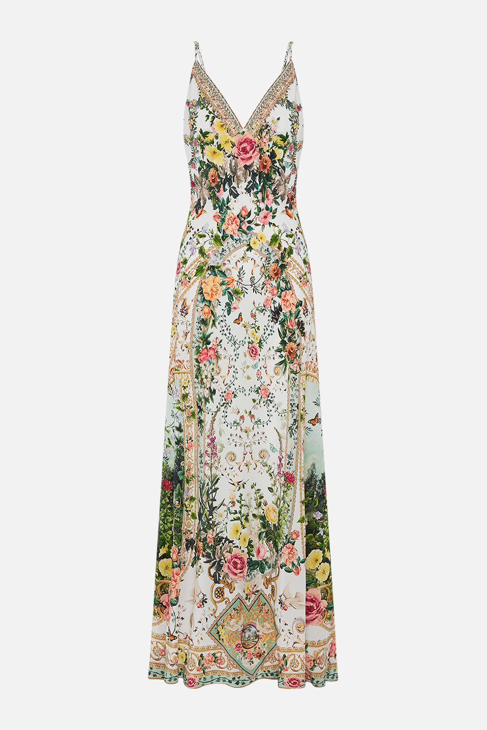 CAMILLA silk bias slip dress in Renaissance Romance print