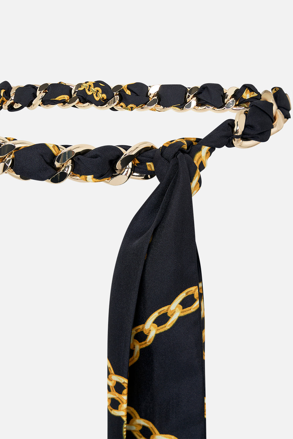 Detail view of CAMILLA scarf chain belt in Tether Me Not print 