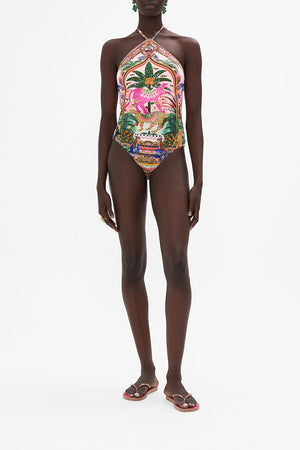 Front view of model wearing CAMILLA swimwear one piece swimsuit in Alessandro's Atlantis print