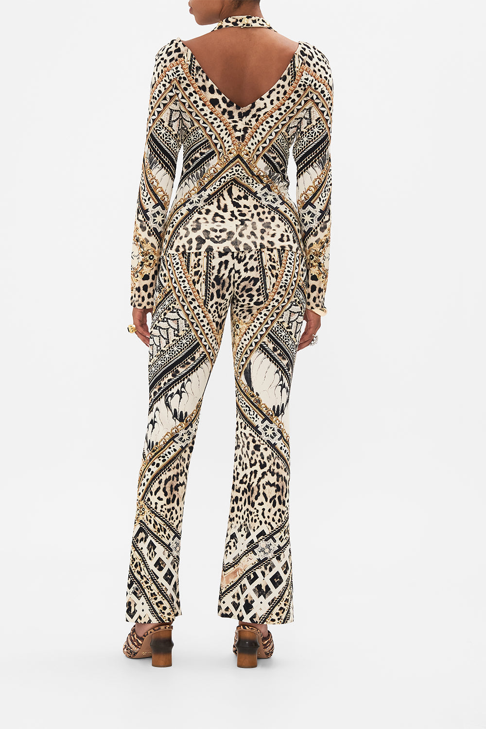 Back view of model wearing CAMILLA animal print top in Mosaic Muse print