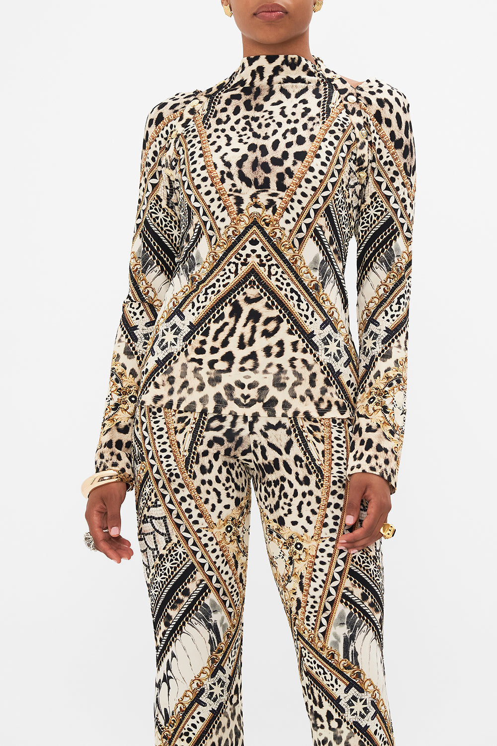 Crop view of model wearing CAMILLA animal print top in Mosaic Muse print