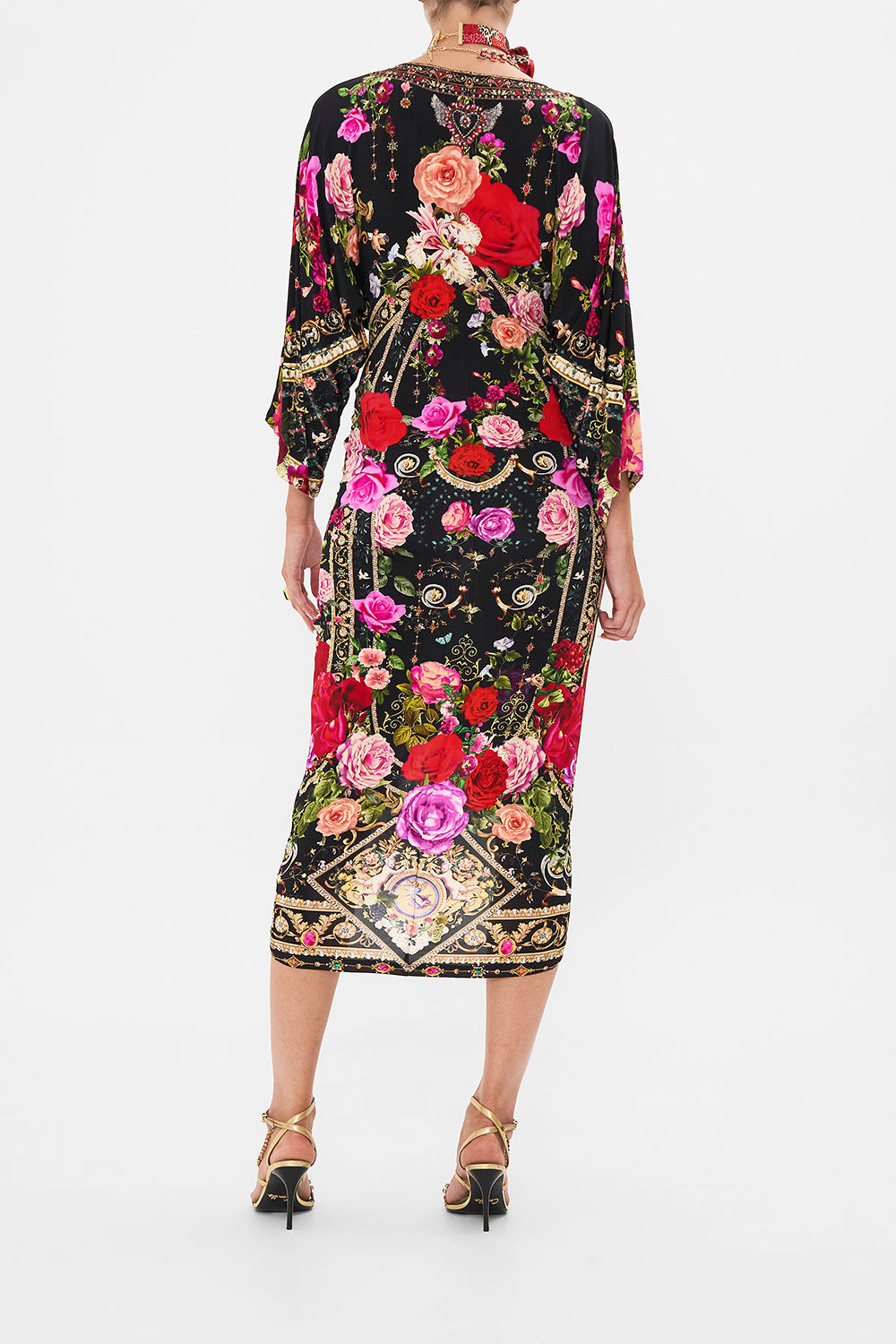 Back view of model wearing CAMILLA jersey dress in Reservation For Love print