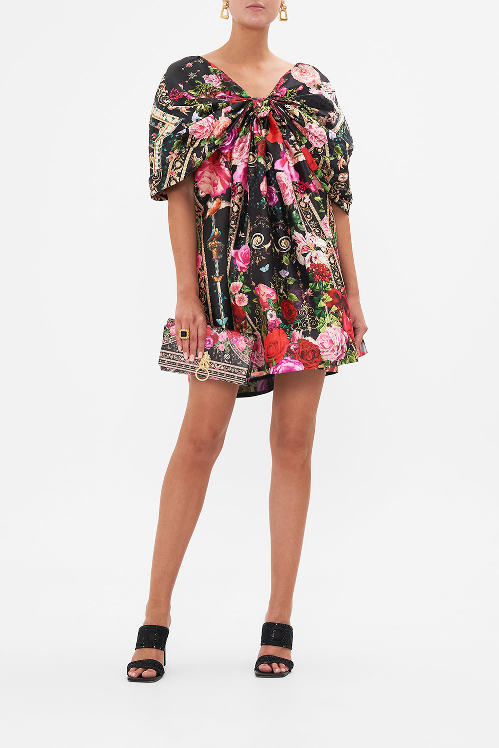 Front view of model wearing CAMILLLA taffeta mini dress in Reservation For Love print