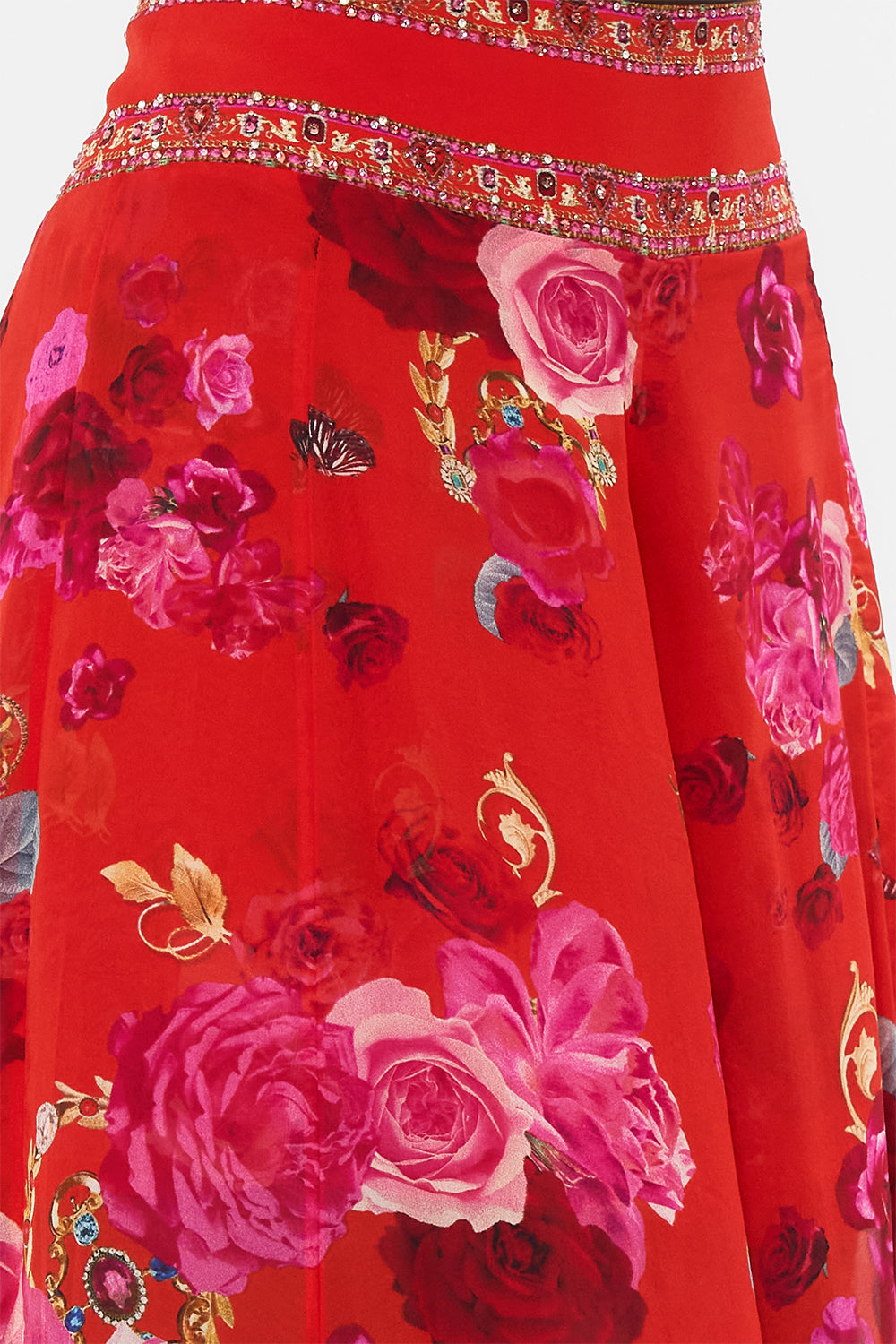 Detail view of model wearing CAMILLA silk palazzo pant in An Italian Rosa print