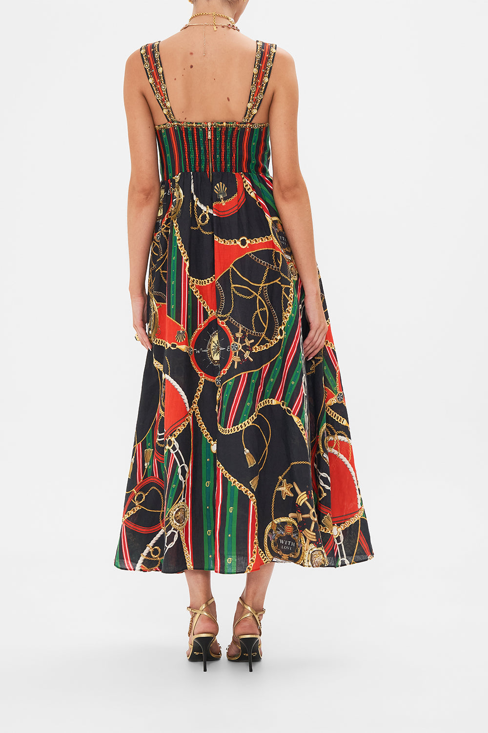 Back view of model wearing CAMILLA bustier dress in Club Aperitivo print