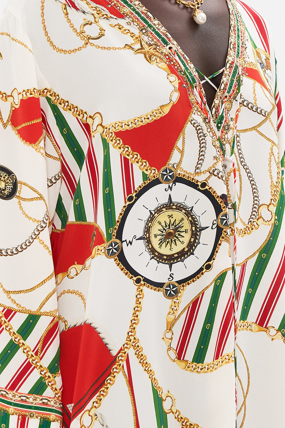 Deatil view of CAMILLA silk kaftan in Saluti Summertime print