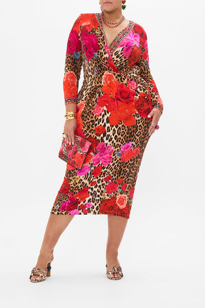 Front view of  curvy model wearing CAMILLA plus size leopard print dress in Heart Like A Wildflower print 
