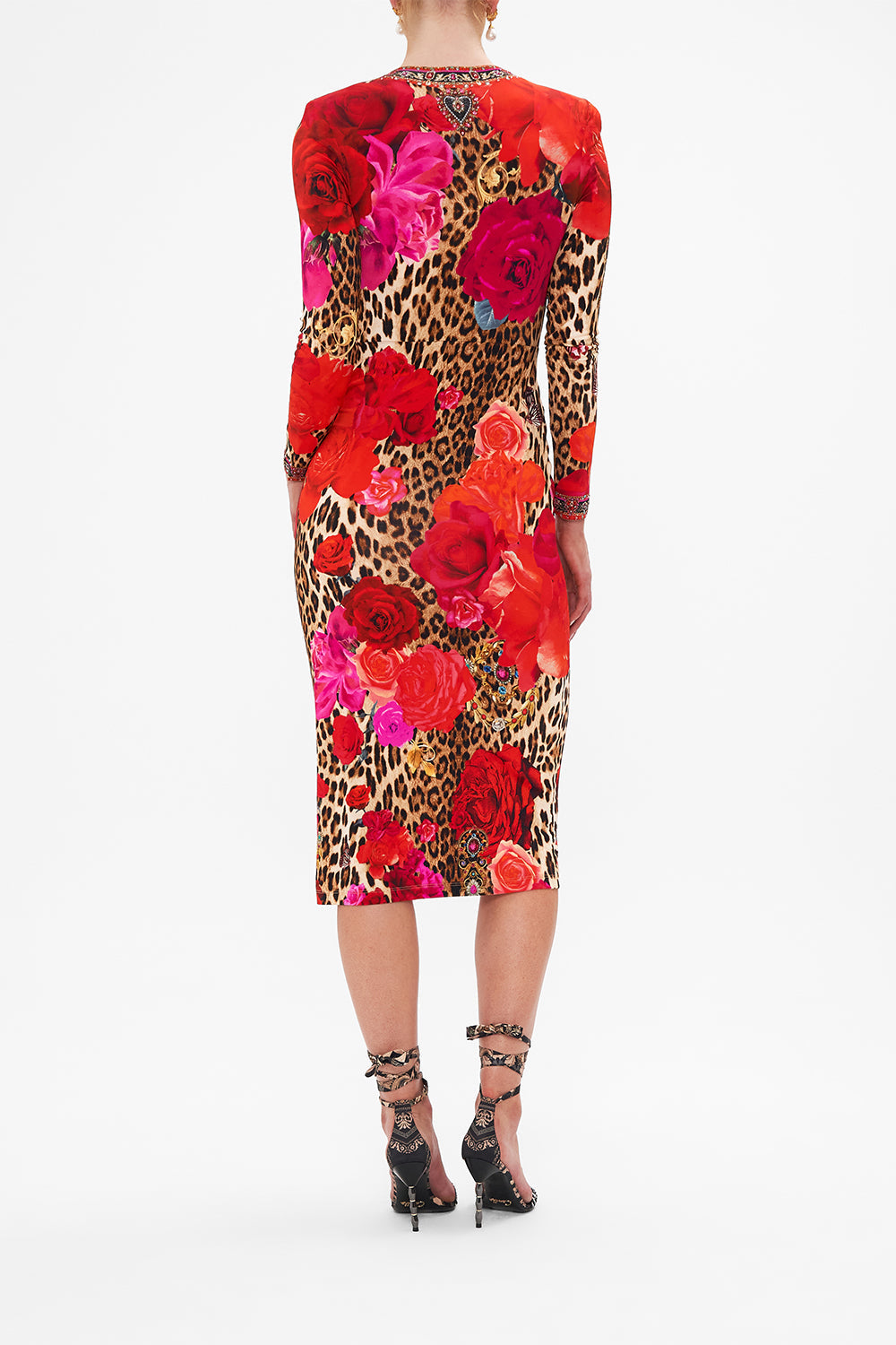 Back  view of model wearing CAMILLA jersey dress in Heart Like A Wildflower print