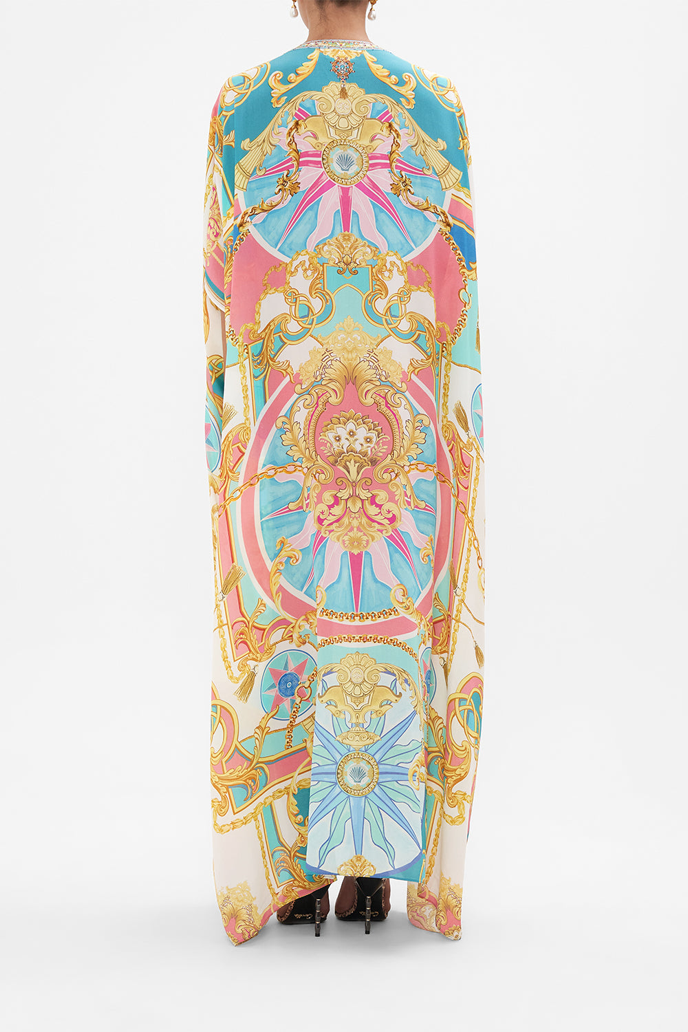 Back view of model wearing CAMILLA silk kaftan in Sail Away With Me print 