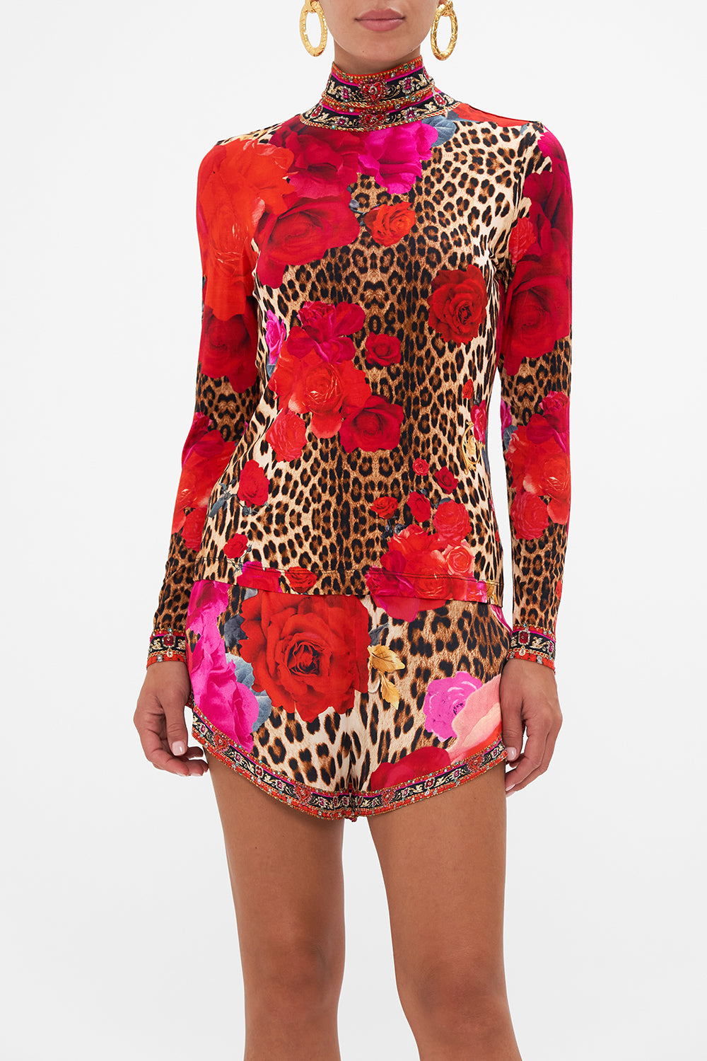 Crop view of model wearing CAMILLA jersey turtleneck in Heart Like A Wildflower print