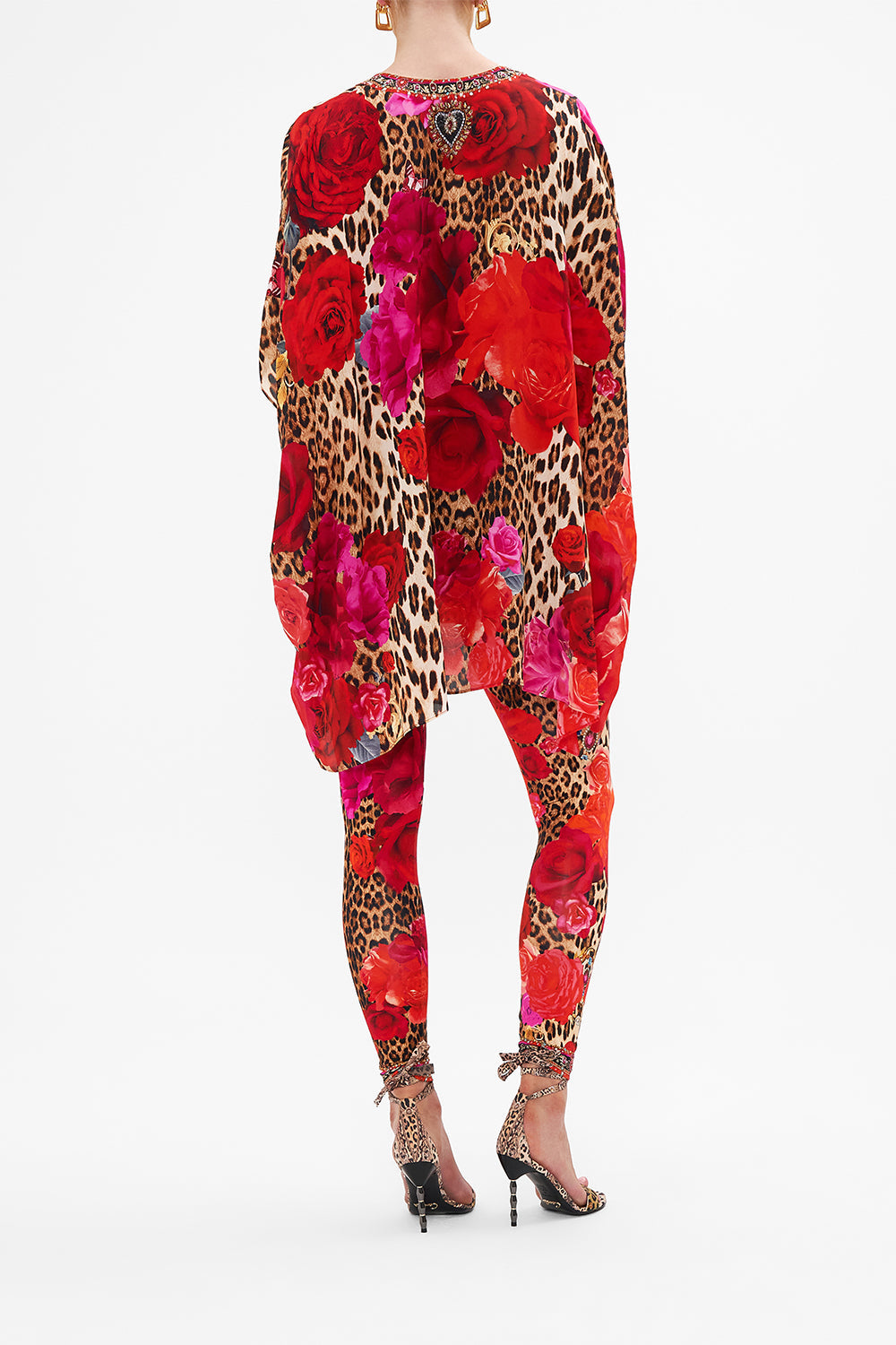 Back view of model wearing CAMILLA designer leggings in Heart Like A Wildflower print 