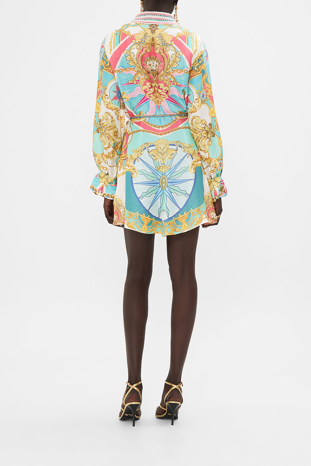 Back view of model wearing CAMILLA silk shirtdress in Sail Away With Me print