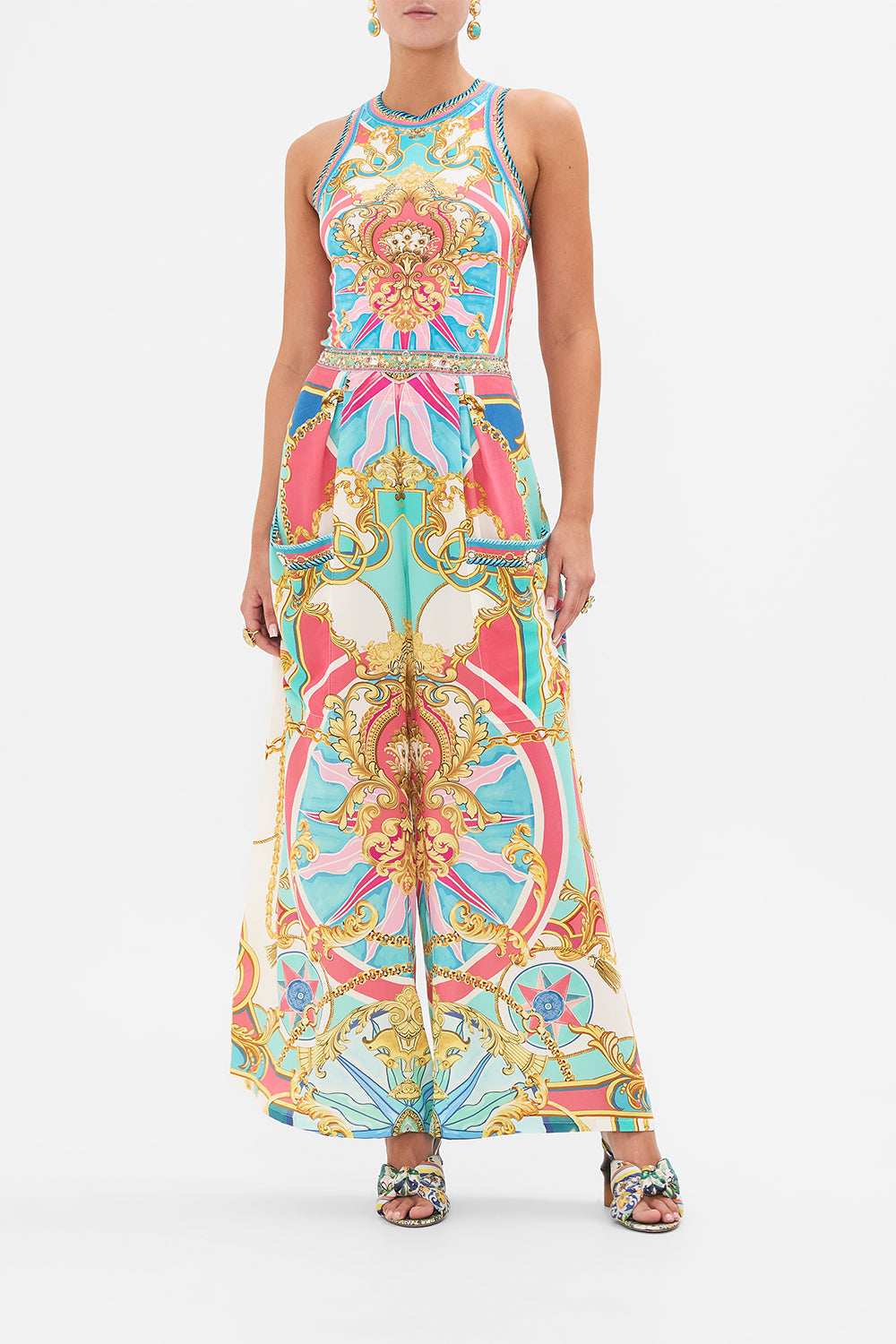 Front view of model wearing CAMILLA silk trouser in Sail Away With Me print 