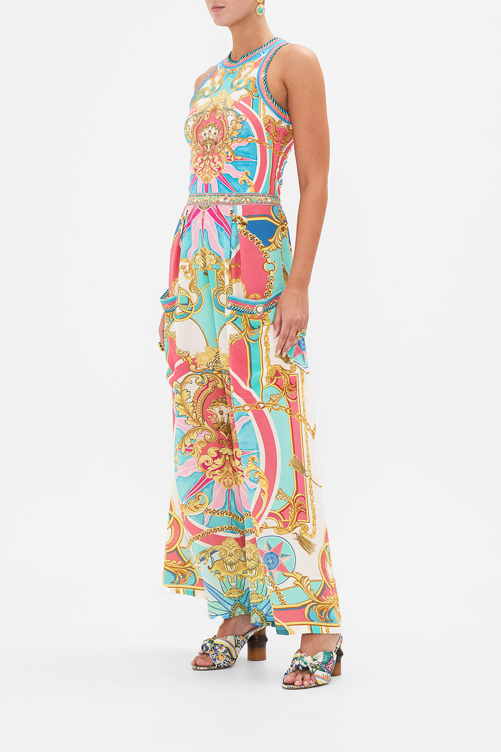 Back view of model wearing CAMILLA silk trouser in Sail Away With Me print 