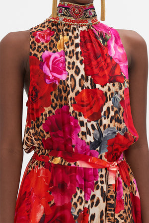 Detail view of model wearing CAMILLA floral silk dress with neck tie in Heart Likle A Wildflower print