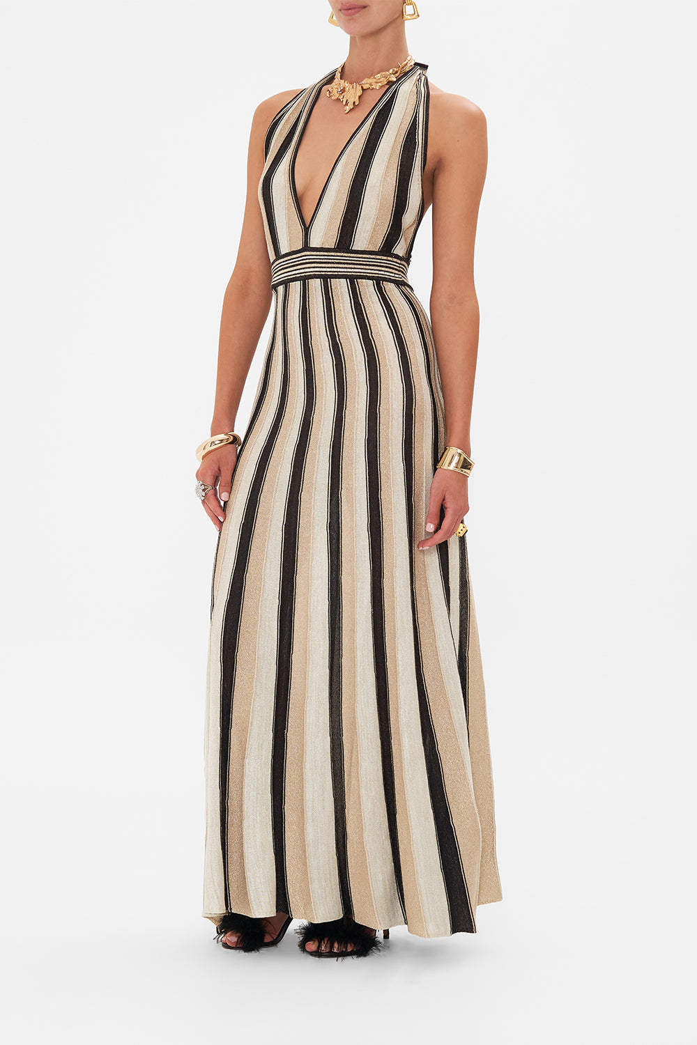 Side view of model wearing CAMILLA knit dress in Soul Of A Stargazer 