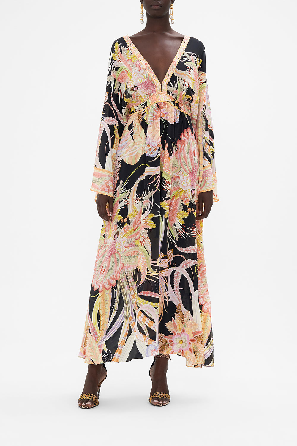 Front view of model wearing CAMILLA designer silk dress in Lady Of The Moon print