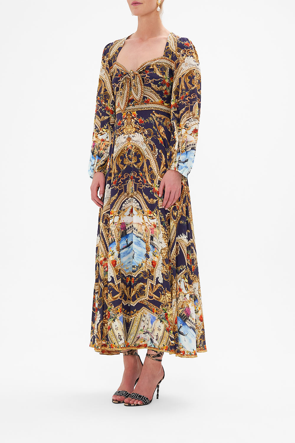 Side view of model wearing CAMILLA tie front dress in Venice Vignette print 