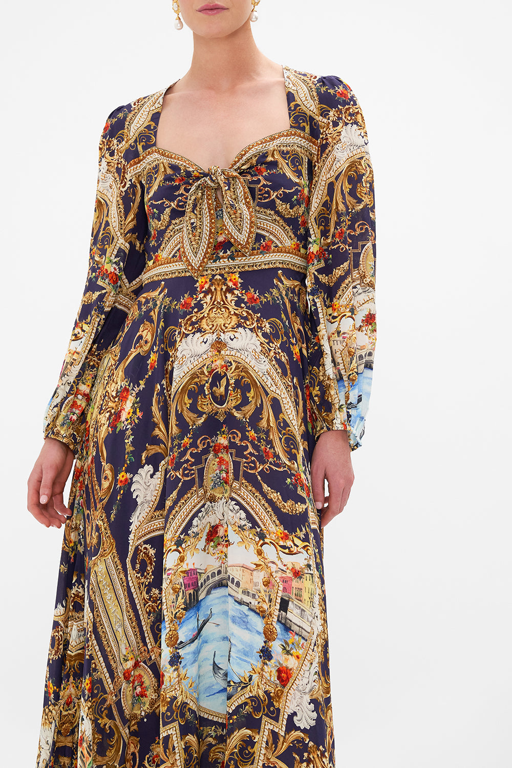 Crop view of model wearing CAMILLA tie front dress in Venice Vignette print 