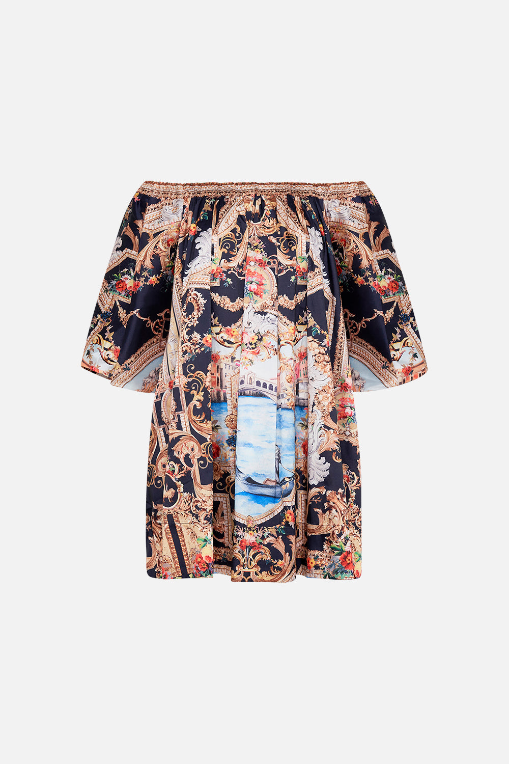 Product view of CAMILLA off the shoulder mini dress in Venice Vignette print