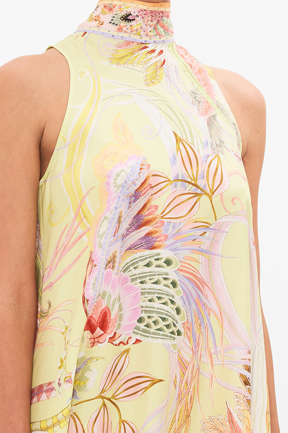 Detail view of model wearing CAMILLA slk mini dress in Cosmic Tuscan print