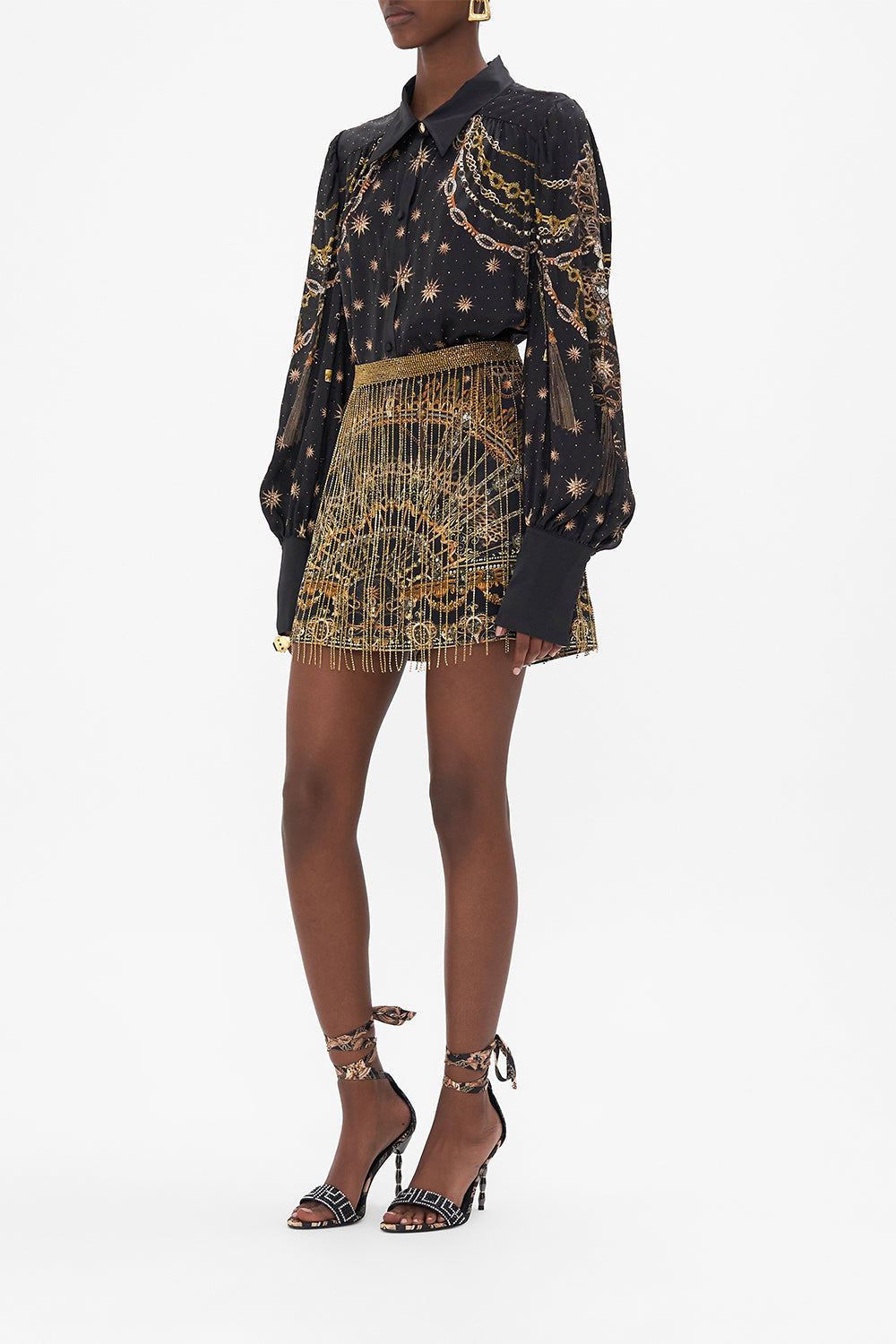 Side view of model wearing CAMILLA silk blouse in Soul Of A Star Gazer