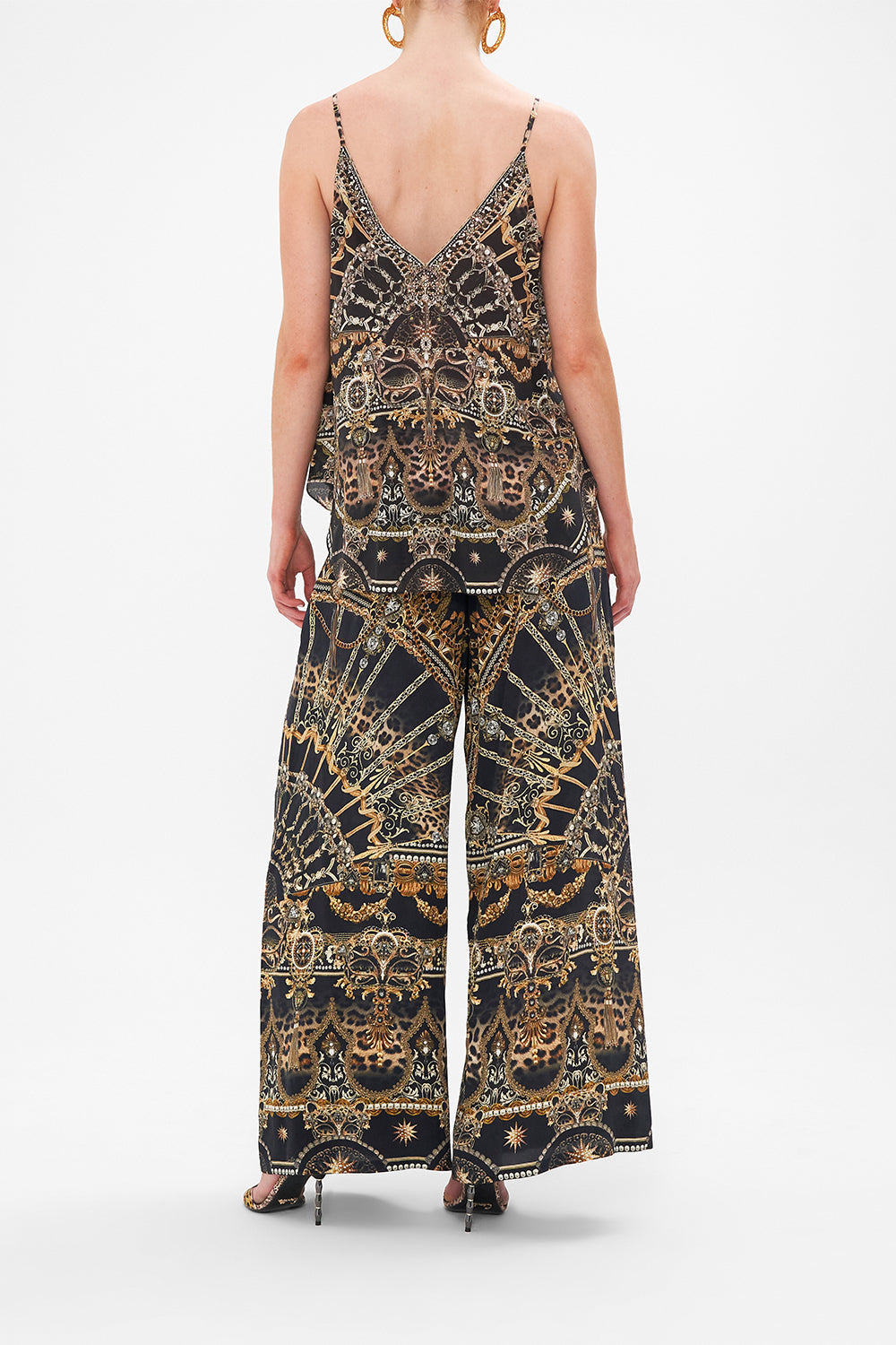 Back view of model wearing CAMILLA silk v neck cami in Masked at Moonlight print