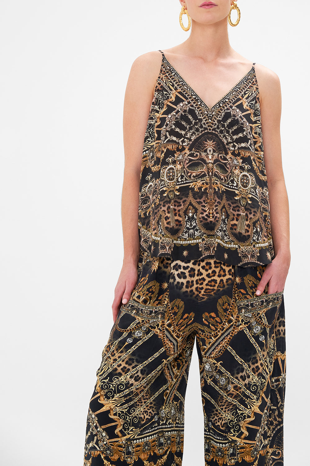 Crop view of model wearing CAMILLA silk v neck cami in Masked at Moonlight print