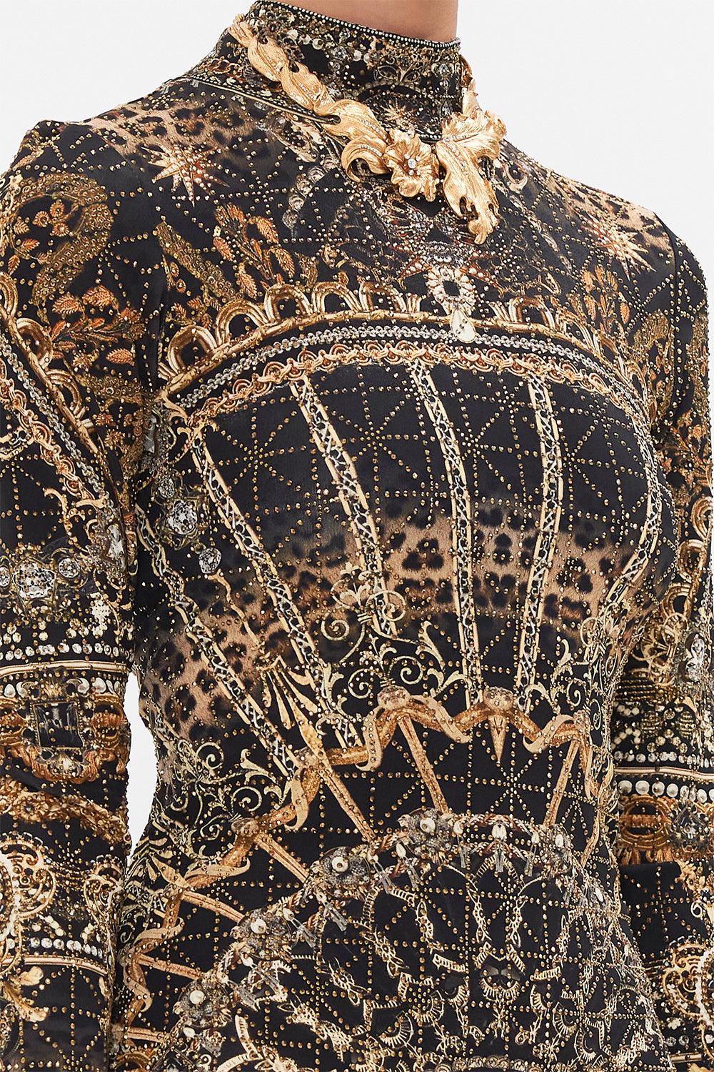 Detail view of model wearing CAMILLLA jersey mini dress in Masked At Moonlight print