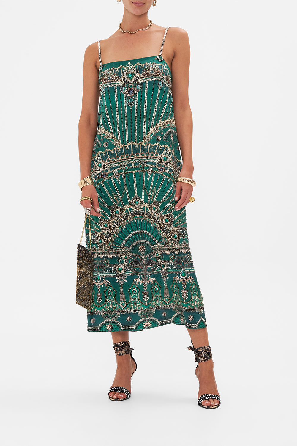 Crop view of model wearing CAMILLA silk midi dress in A Venice Veil print