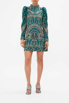 Front view of model wearing CAMILLA puff sleeve high neck mini green dress in A Venice Veil print