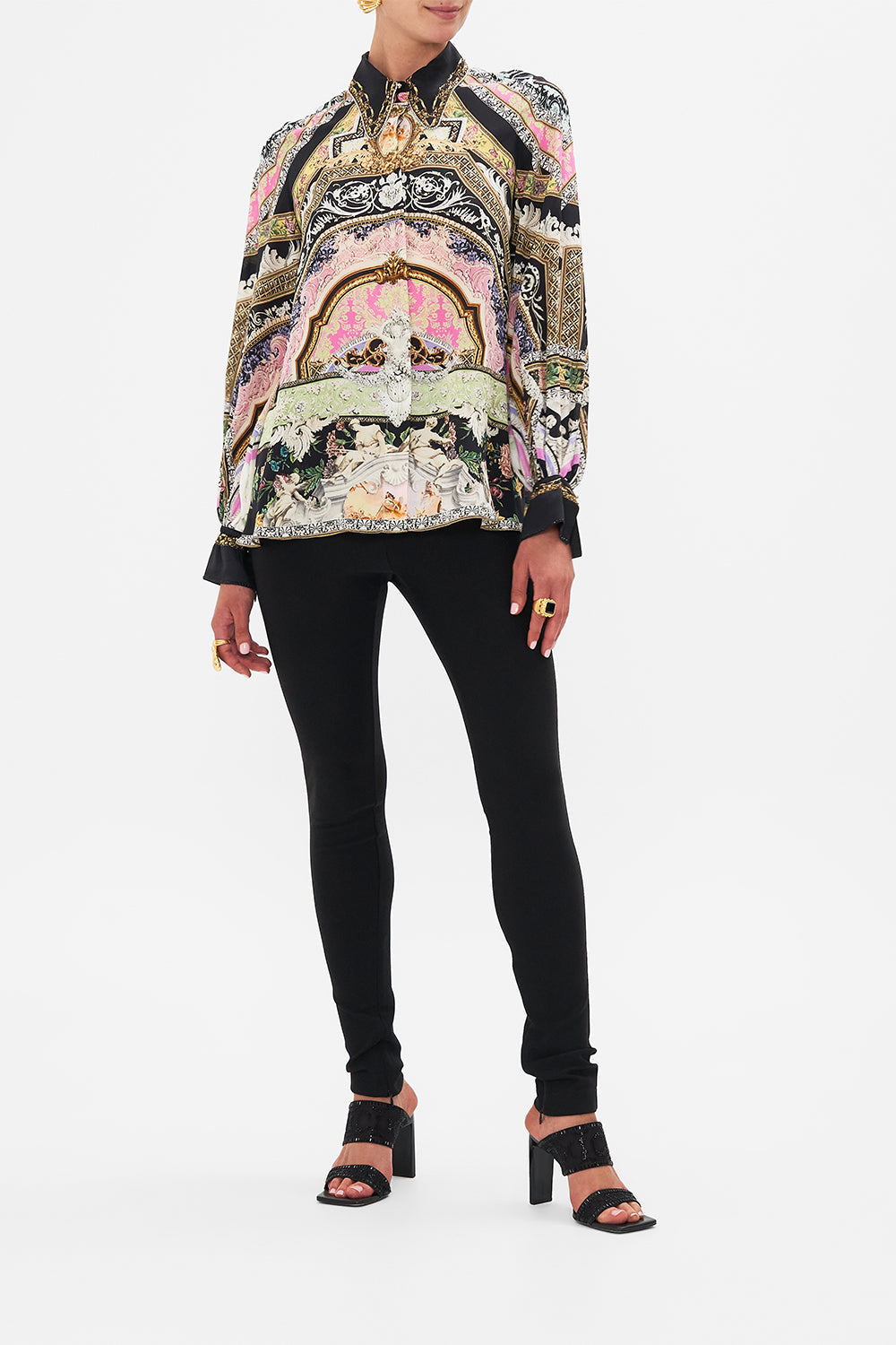 Front view of model wearing CAMILLA silk blouse in Florence Field Day print 