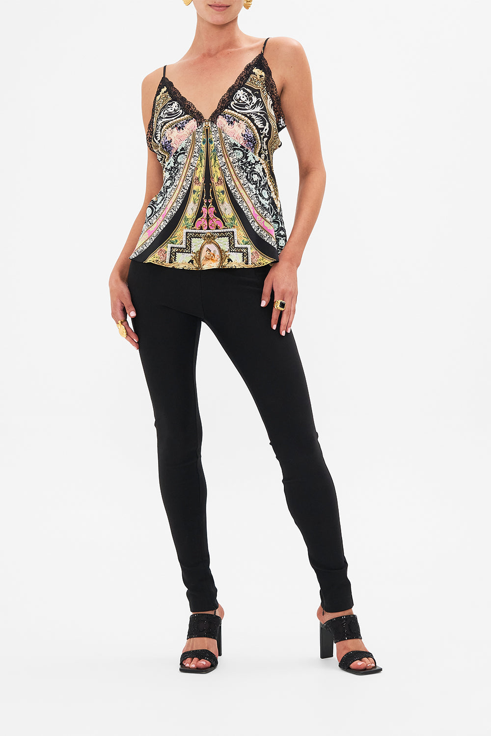 Front view of model wearing CAMILLA silk cami in Florence Field Day print 