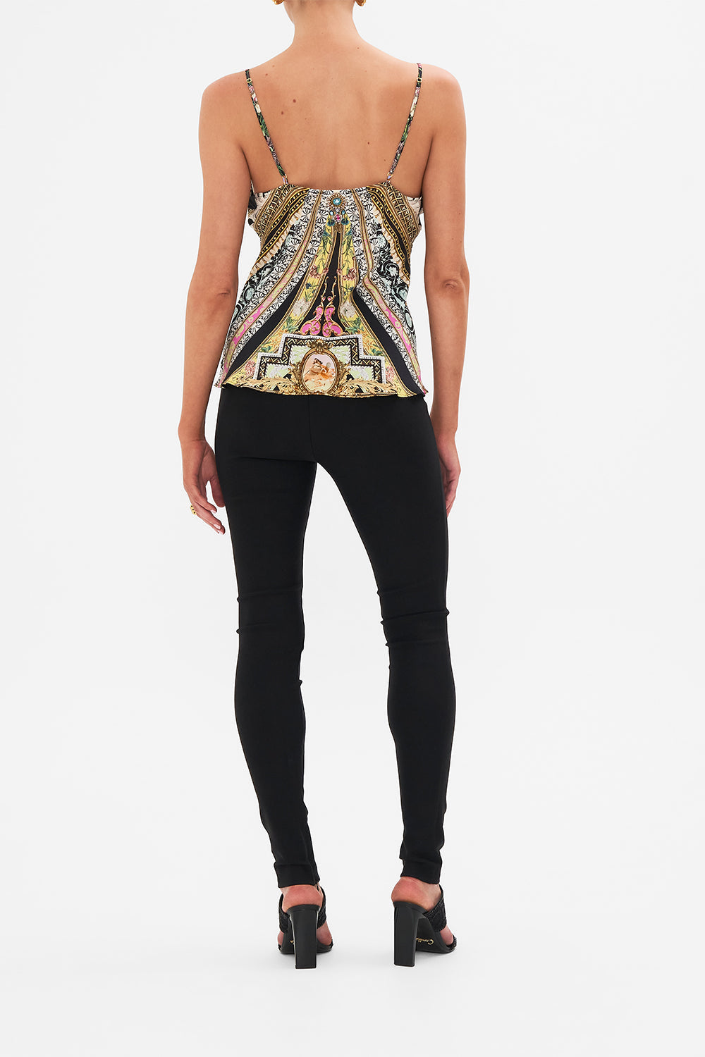 Back view of model wearing CAMILLA silk cami in Florence Field Day print 