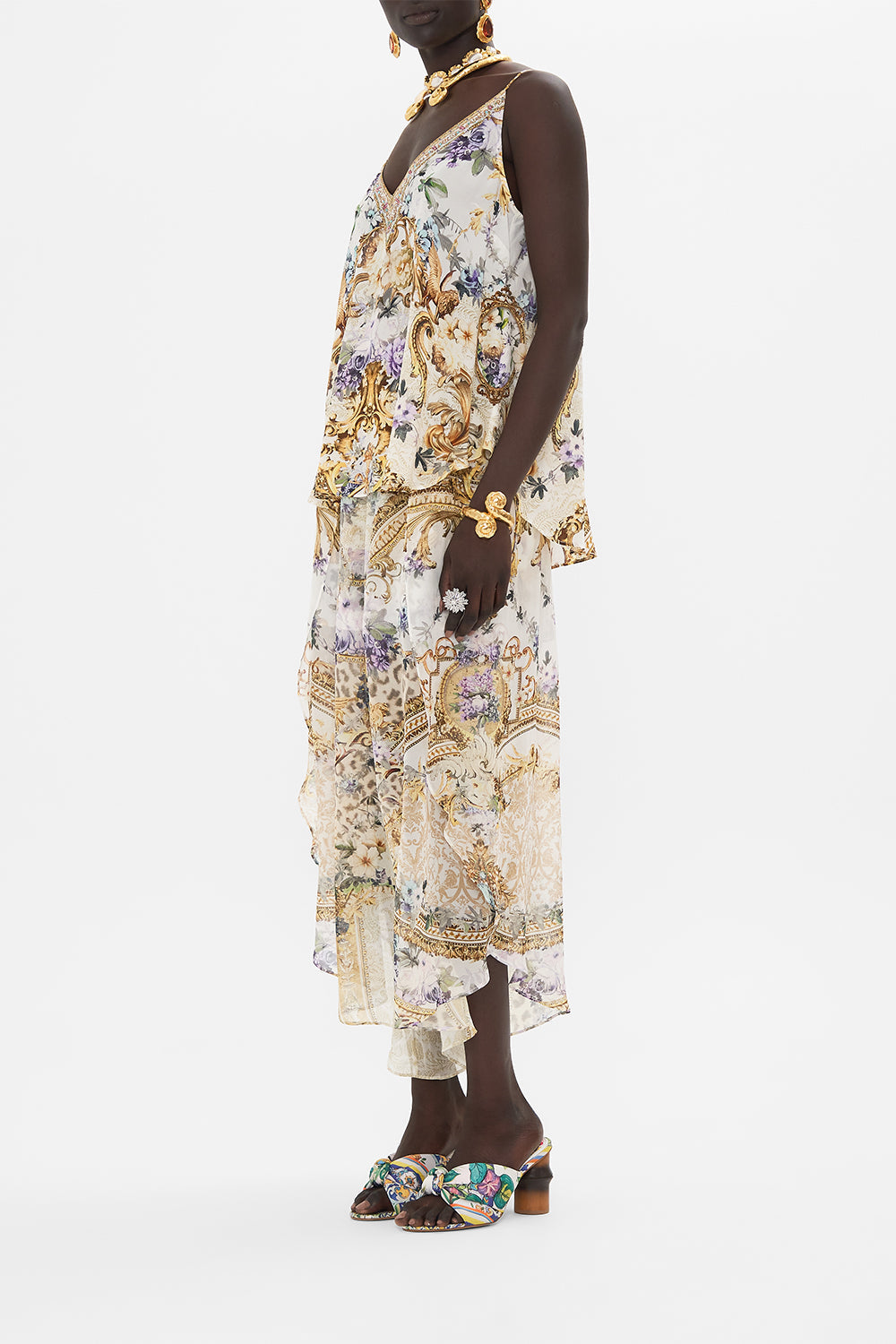 Side view of model wearing CAMILLA silk cami in Palazzo Playdate print 