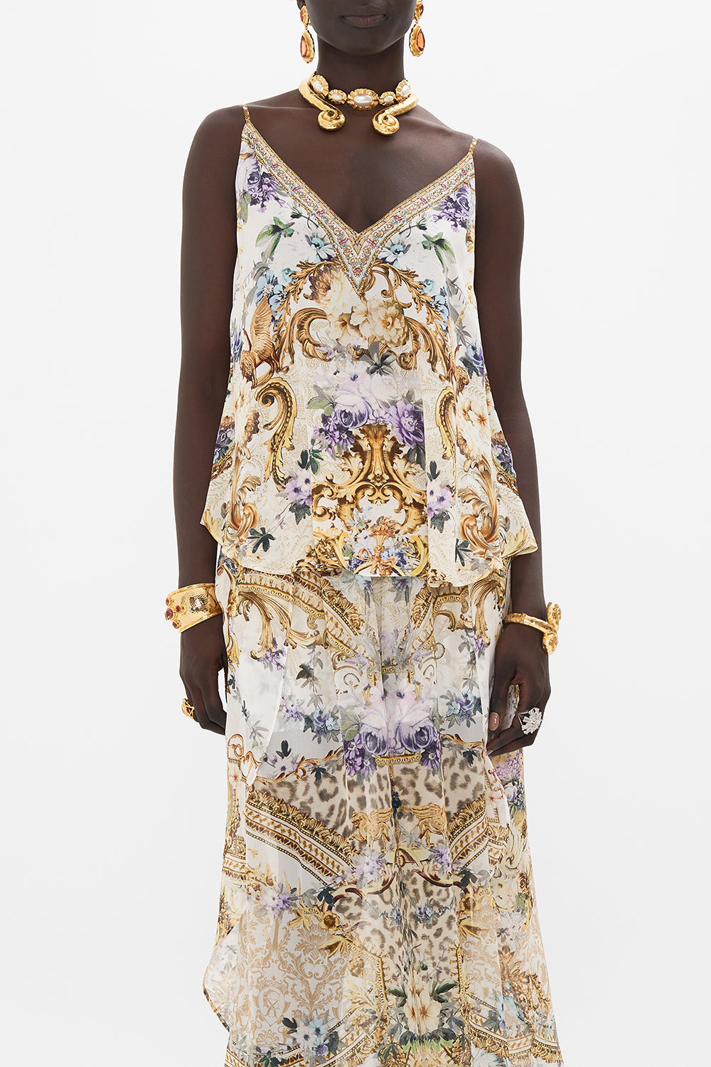 Crop view of model wearing CAMILLA silk cami in Palazzo Playdate print 