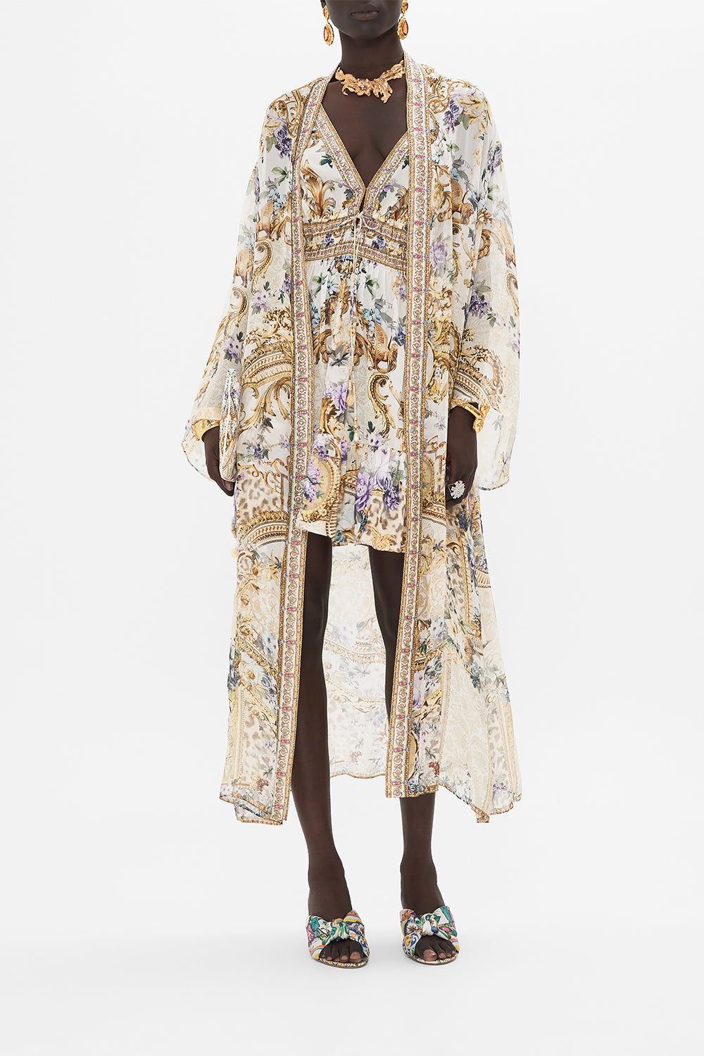 Front view of model wearing CAMILLA silk robe in Palazzo Playdate print 