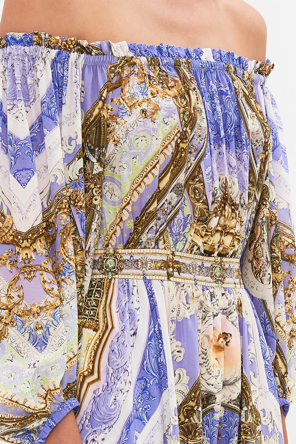 FRILL OFF THE SHOULDER LONG DRESS GILDED PLEASURES