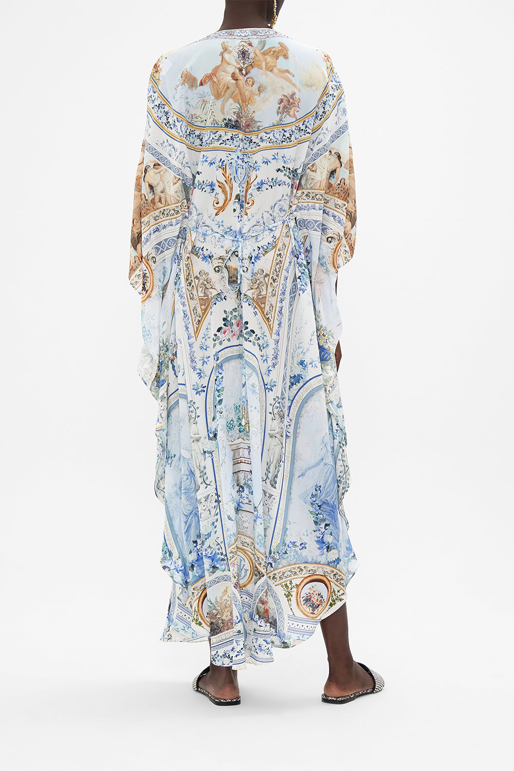Back view of model wearing CAMILLA silk kaftan in Season of The Siren print 