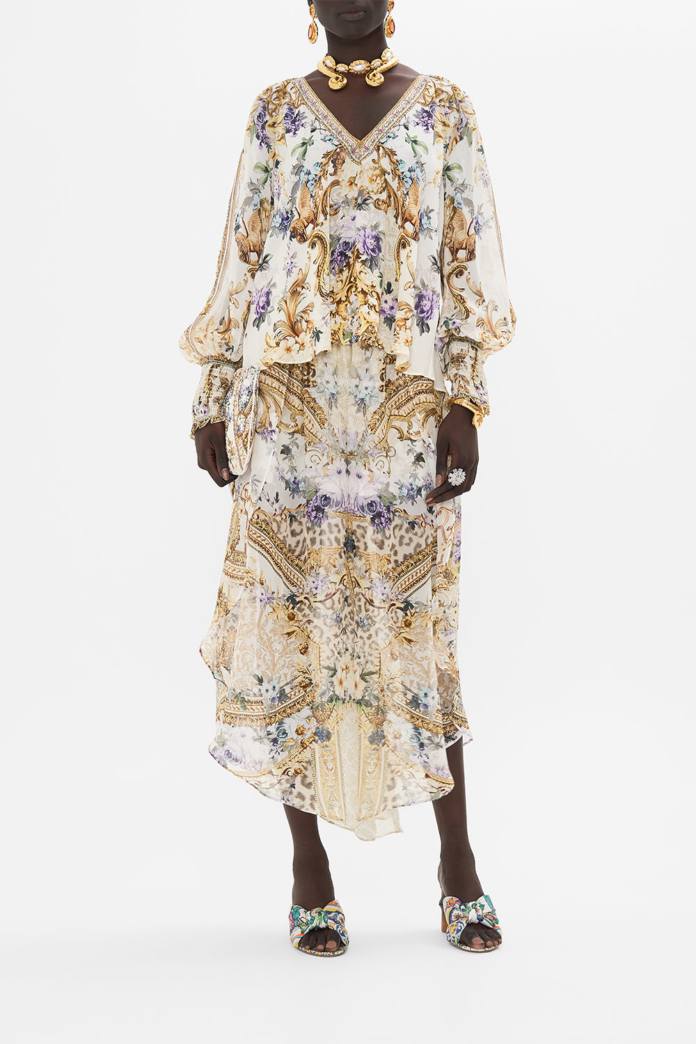 Front view of model wearing CAMILLA silk blouse in Palazzo Playdate print 