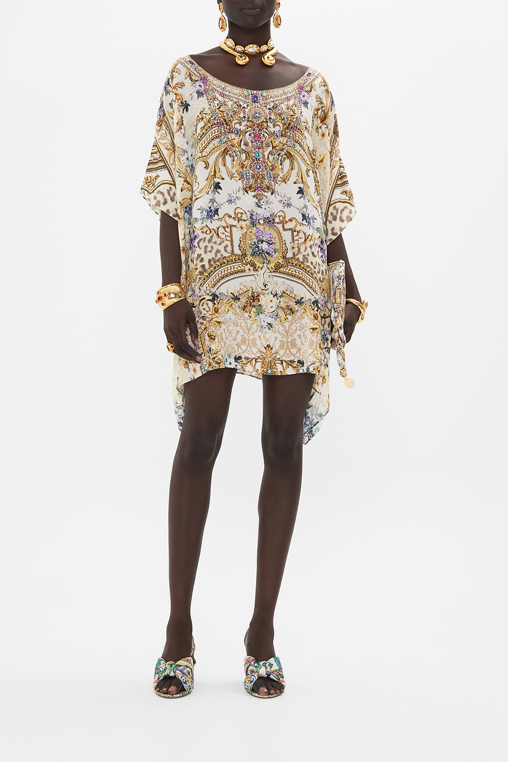 Front view of model wearing CAMILLA silk kaftan in Palazzo Playdate print 