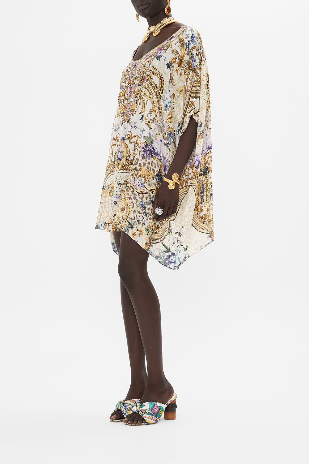 Side view of model wearing CAMILLA silk kaftan in Palazzo Playdate print 