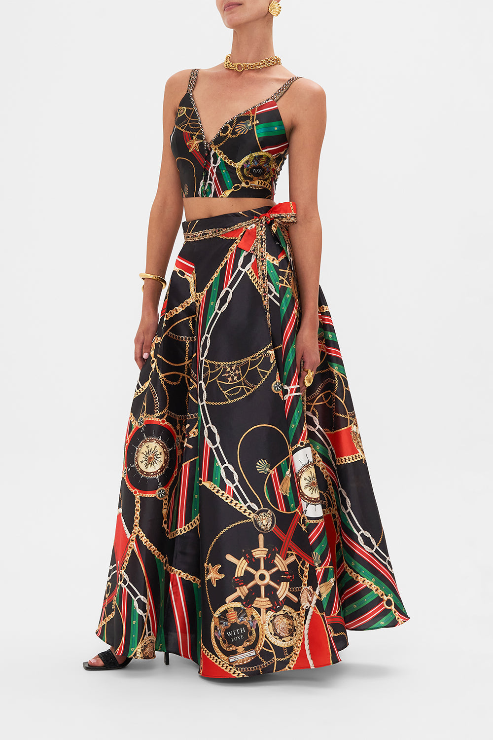 Side view of model wearing CAMILLA designer bralette top in Club Aperitivo print