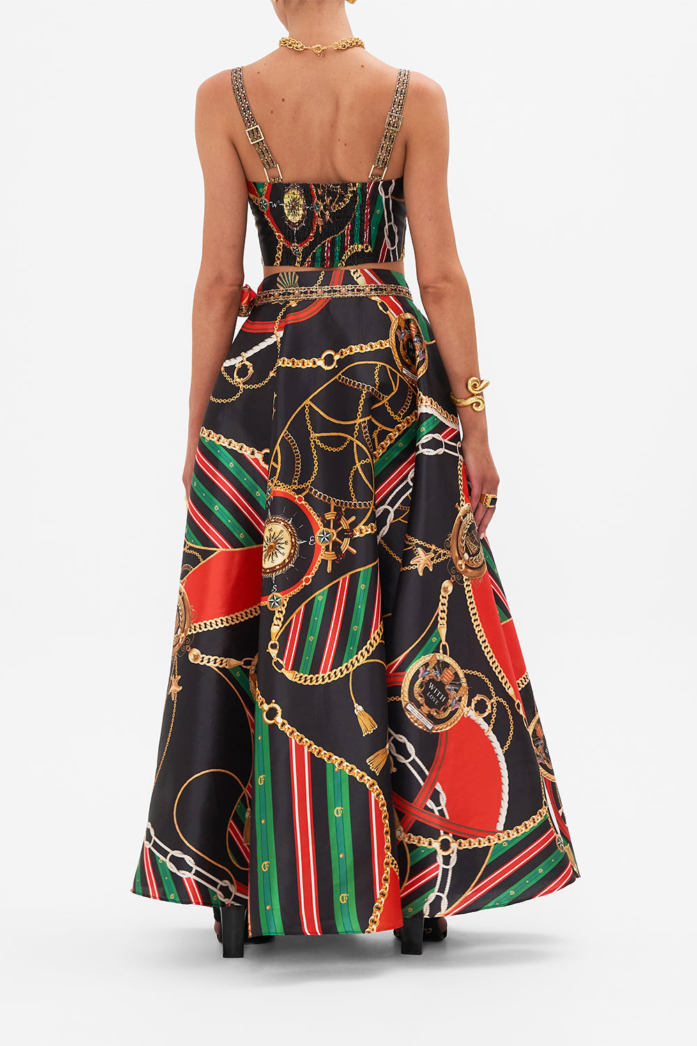 Back view of model wearing CAMILLA designer bralette top in Club Aperitivo print