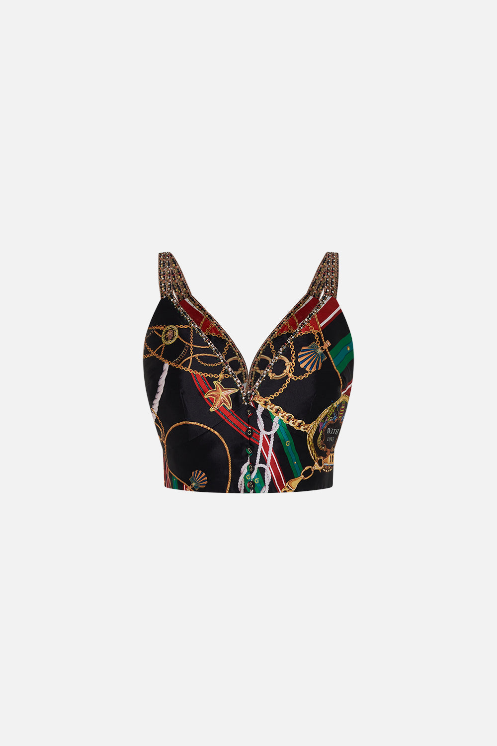 Product view of CAMILLA designer bralette top in Club Aperitivo print