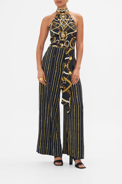 Front view of model wearing CAMILLA silk wide leg pant in Coast to Coast print