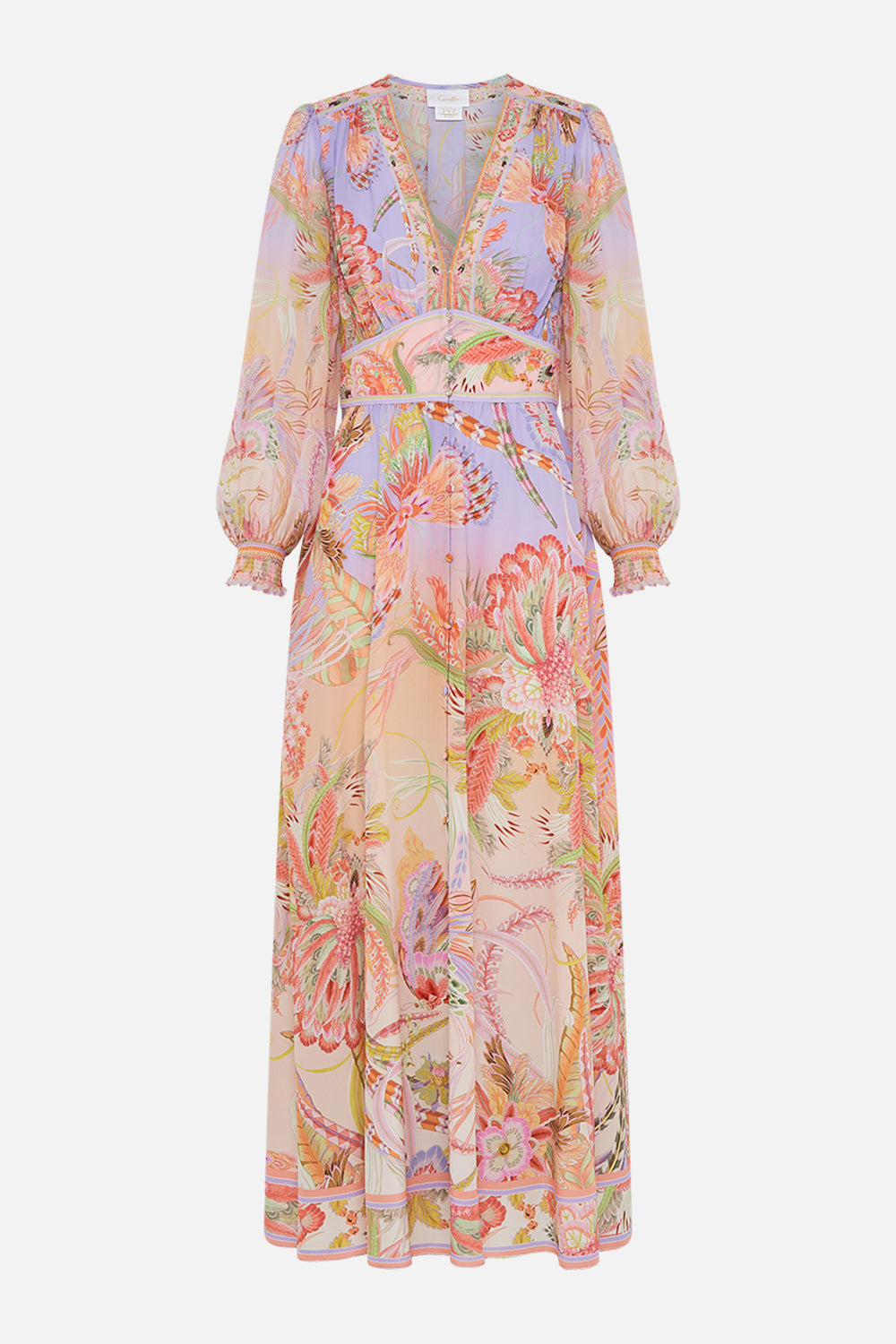 Product view of CAMILLA designer silk dress in Cosmic Tuscan print 
