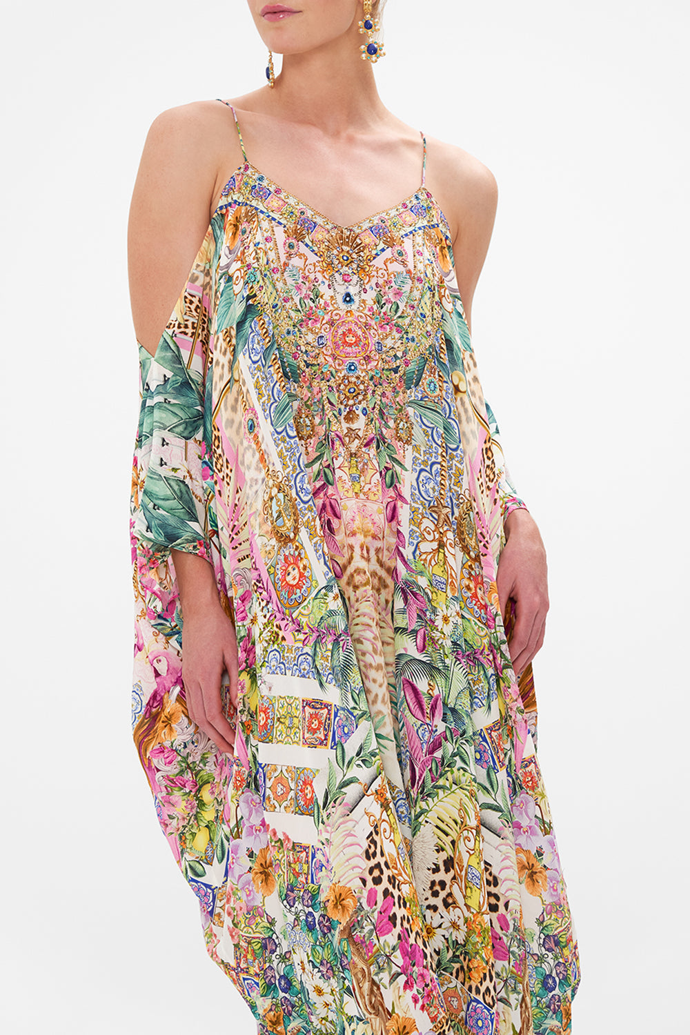 Crop view of model wearing CAMILLA resortwear kaftan in Flowers Of Neptune print 