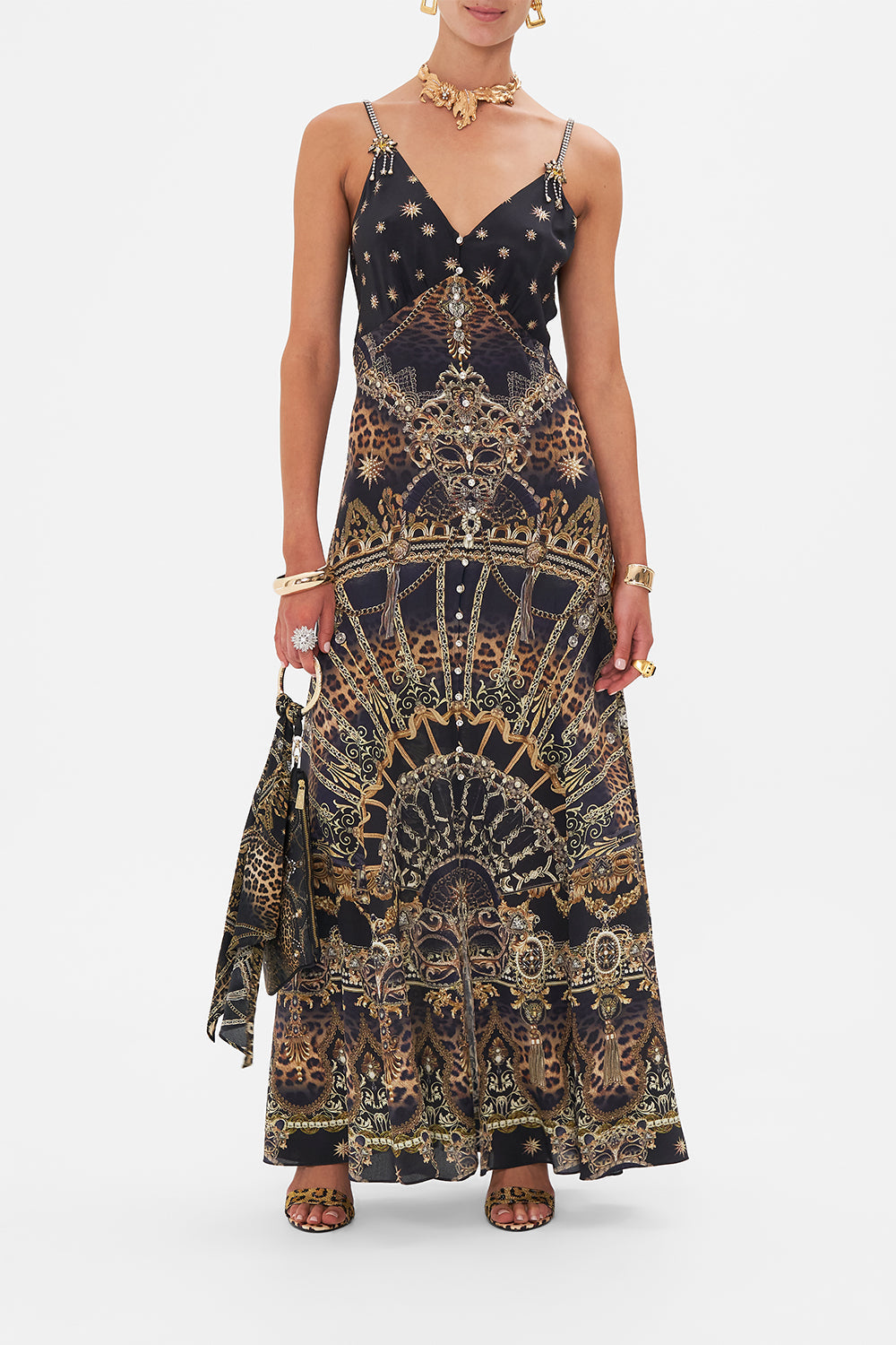 Detail view of model wearing CAMILLA silk strappy dress in Masked At Moonight 