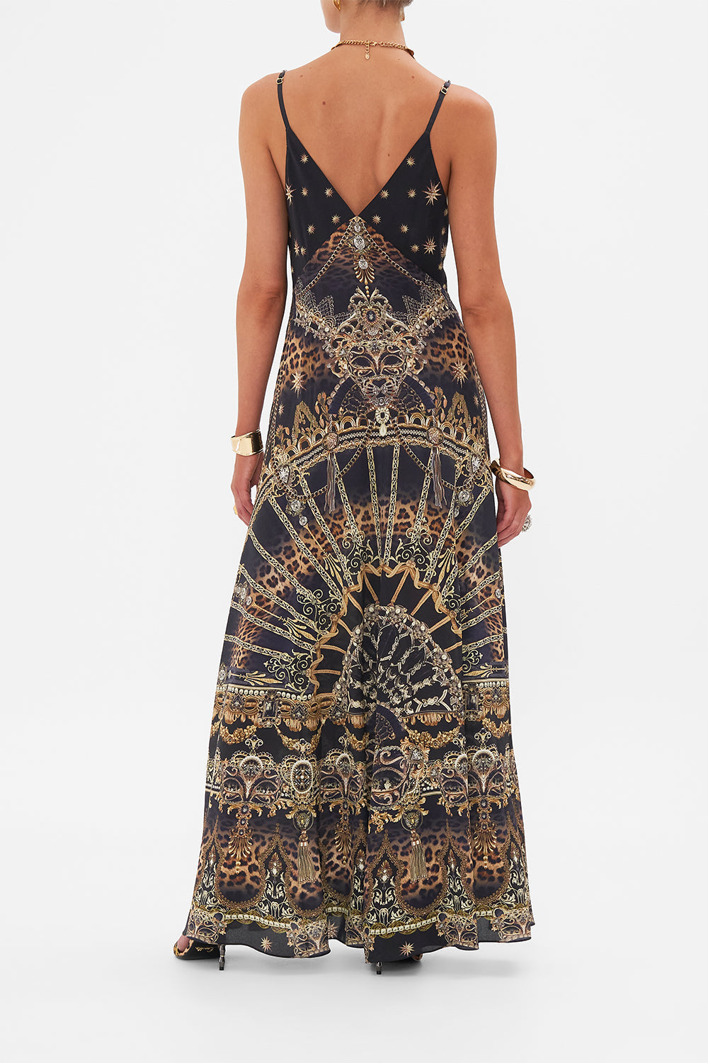 Back view of model wearing CAMILLA silk strappy dress in Masked At Moonight 